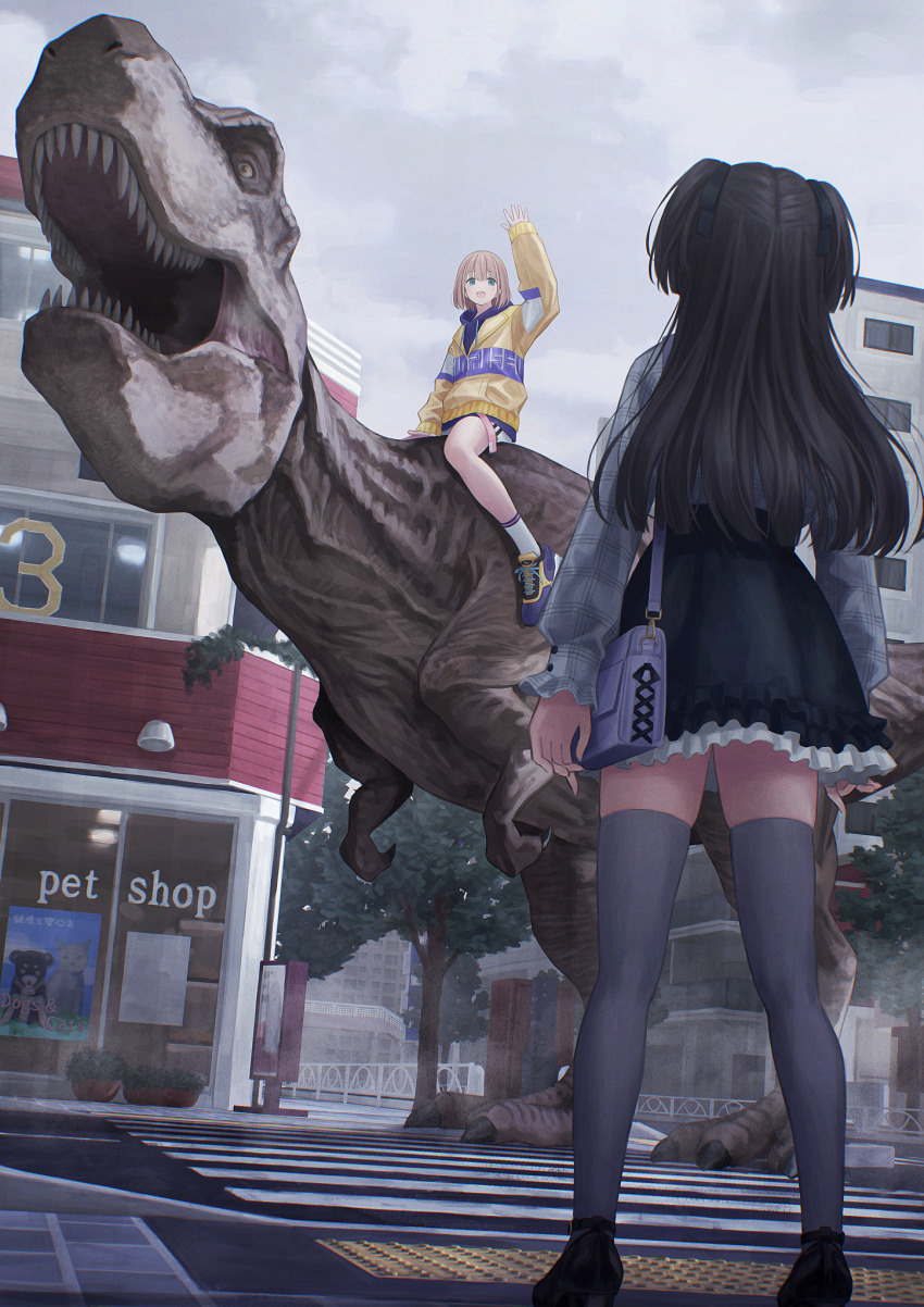 :d anachronism arm_up building cloud cloudy_sky crosswalk dinosaur facing_another from_behind full_body highres idolmaster idolmaster_shiny_colors infektionary mayuzumi_fuyuko on_animal open_mouth outdoors riding riding_dinosaur road serizawa_asahi sitting sky smile street thighhighs tyrannosaurus_rex waving