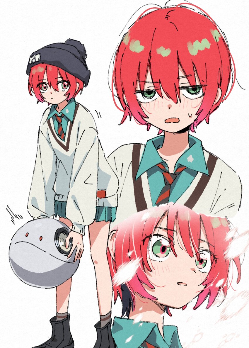 1girl absurdres amate_yuzuriha aqua_eyes beanie black_hat blush collared_shirt commentary_request gundam gundam_gquuuuuux haro hat highres looking_at_viewer matsuda_hikari multiple_views necktie non-humanoid_robot open_mouth red_hair robot school_uniform shirt short_hair simple_background skirt solo sweater white_background