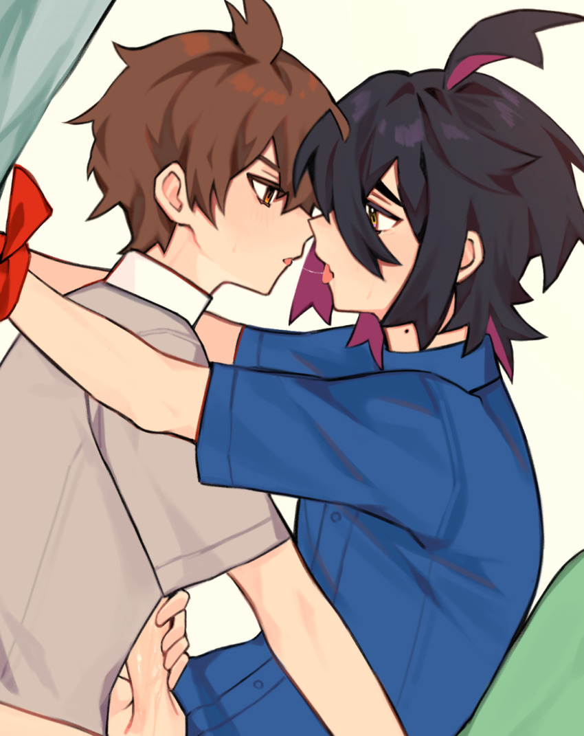 2boys ahoge black_hair blue_shirt bottomless bound bound_wrists brown_eyes brown_hair collared_shirt colored_inner_hair crossed_bangs drooling florian_(pokemon) french_kiss gen_4_pokemon hair_between_eyes handjob handjob_while_penetrated highres implied_sex jacket kieran_(pokemon) kiss looking_at_another male_focus mole mole_on_neck multicolored_hair multiple_boys nintendo penis pokemon pokemon_sv purple_hair saliva saliva_trail shirt short_hair short_sleeves sweat tongue tongue_out two-tone_hair vank_le white_shirt yaoi yellow_eyes