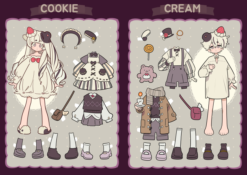 1boy 1girl absurdres animal_ears bag barefoot black_hat black_shoes black_sweater_vest bow brown_coat candle candy coat commentary dolman_(dm) dress dress-up duffel_coat earrings food food-themed_hair_ornament fruit grey_shoes grey_shorts grey_skirt grey_socks hair_ornament handbag hat highres holding holding_candle holding_plectrum jewelry kisekae lollipop long_hair long_sleeves looking_at_viewer monocle multicolored_hair nightshirt open_clothes open_coat original plectrum red_bow shirt shoes short_dress short_hair shorts skirt slippers socks standing strawberry streaked_hair striped_clothes striped_dress striped_shirt stuffed_animal stuffed_toy suspender_shorts suspenders sweater_vest swirl_lollipop symbol-only_commentary teddy_bear top_hat white_dress white_hair white_socks