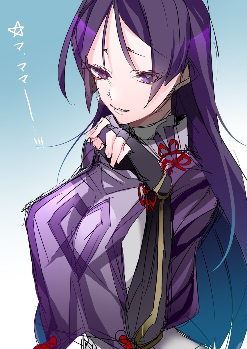 1girl blue_background breasts edamameko210 fate/grand_order fate_(series) female_focus fingerless_gloves gloves gradient_background highres long_hair looking_at_viewer medium_breasts minamoto_no_raikou_(fate) purple_hair sketch solo translation_request white_background