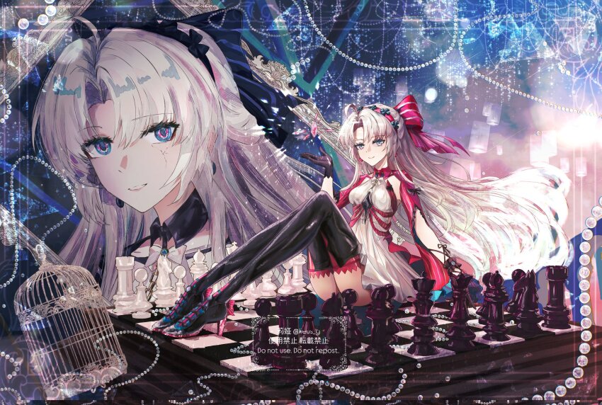 1girl 2girls aqua_eyes birdcage black_gloves boots bow breasts cage carlotta_(wuthering_waves) chessboard closed_mouth commentary cracked_skin crystal dark_persona dress dual_persona earrings gloves hair_bow hairband highres jacket jewelry leah_(lieus_g) long_hair multiple_girls parted_bangs parted_lips pink_bow pink_hairband pink_jacket pink_thighhighs short_dress sitting small_breasts smile solo striped_bow symbol-only_commentary thigh_boots thighhighs thighhighs_under_boots white_dress white_hair wuthering_waves zoom_layer