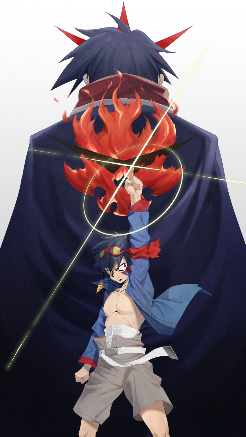 1boy absurdres age_comparison belt black_eyes blue_hair blue_jacket brown_shorts commentary core_drill dual_persona english_commentary fire from_behind goggles goggles_on_head hair_between_eyes highres index_finger_raised jacket jewelry kamina_pose kamina_shades kanon_(sinto) long_sleeves male_focus muscular muscular_male necklace no_shirt open_clothes open_jacket oversized_belt pointing pointing_up serious short_hair shorts simon_(ttgl) simon_shades size_difference tengen_toppa_gurren_lagann torn_clothes torn_jacket white_belt