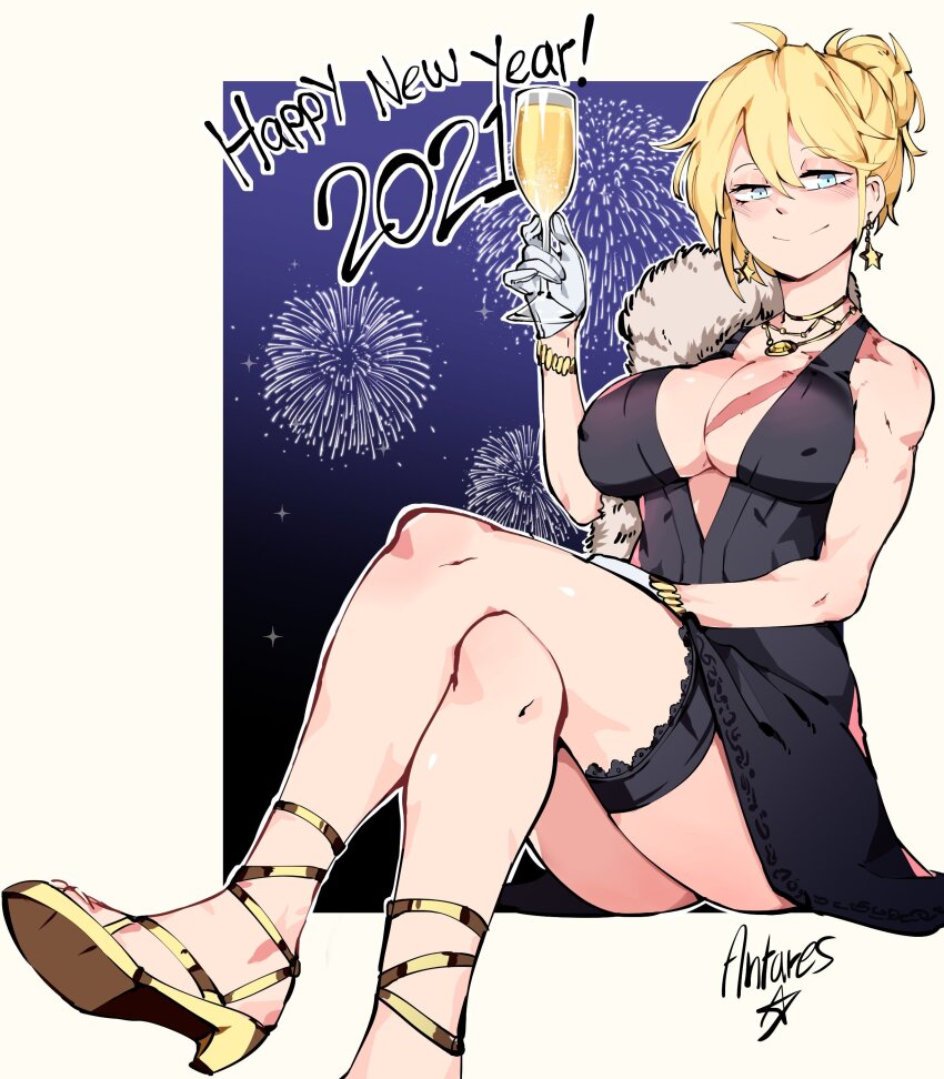 1girl 2021 absurdres antares_topaz blonde_hair blue_eyes border breasts champagne_flute cleavage cup drinking_glass earrings fireworks gloves happy_new_year highres jewelry looking_at_viewer new_year original outside_border scar scar_on_breasts signature smile solo star_(symbol) star_earrings strappy_heels thigh_strap topaz_(antares_topaz) white_border white_gloves