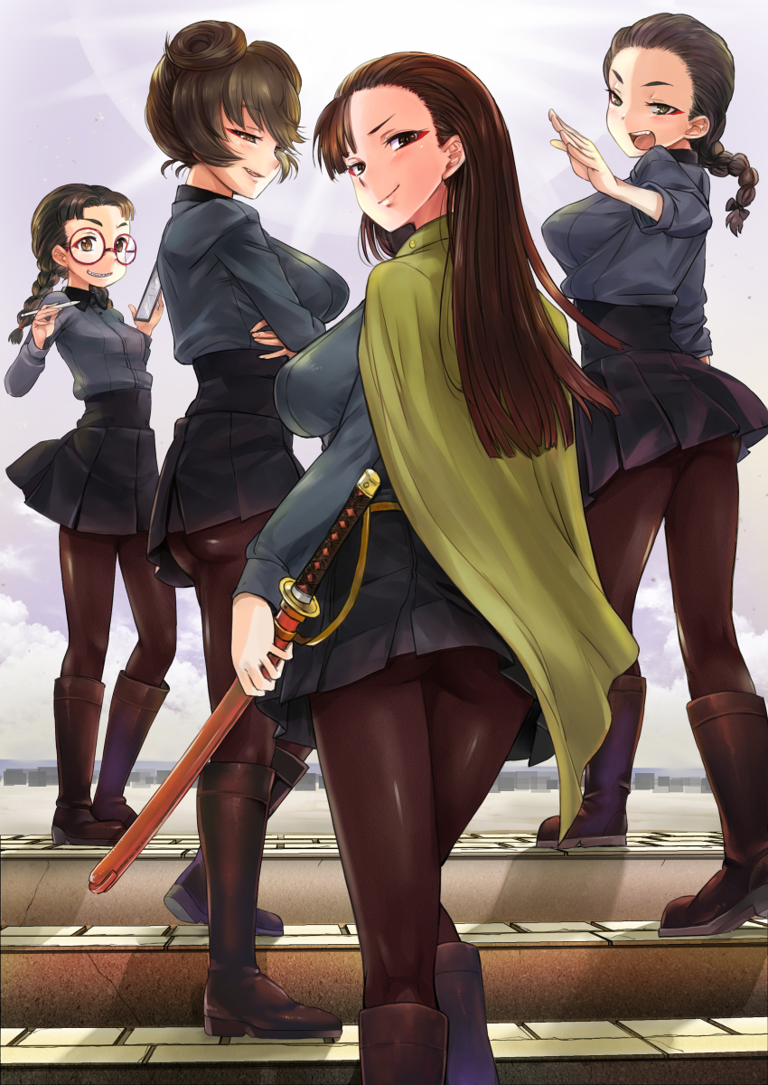 4girls absurdres alternate_costume ass black_hair black_pantyhose black_skirt blush braid braided_ponytail breasts brown_eyes brown_hair cape cellphone crossed_arms fang fukuda_haru girls_und_panzer glasses green_eyes grin highres holding holding_sword holding_weapon hosomi_shizuko iphone kuromorimine_school_uniform large_breasts long_hair looking_at_viewer microskirt multiple_girls nabeyu nishi_kinuyo open_mouth outdoors pantyhose phone pleated_skirt ponytail school_uniform short_hair skirt small_breasts smartphone smile stairs sword tamada_tamaki twin_braids twintails upskirt weapon