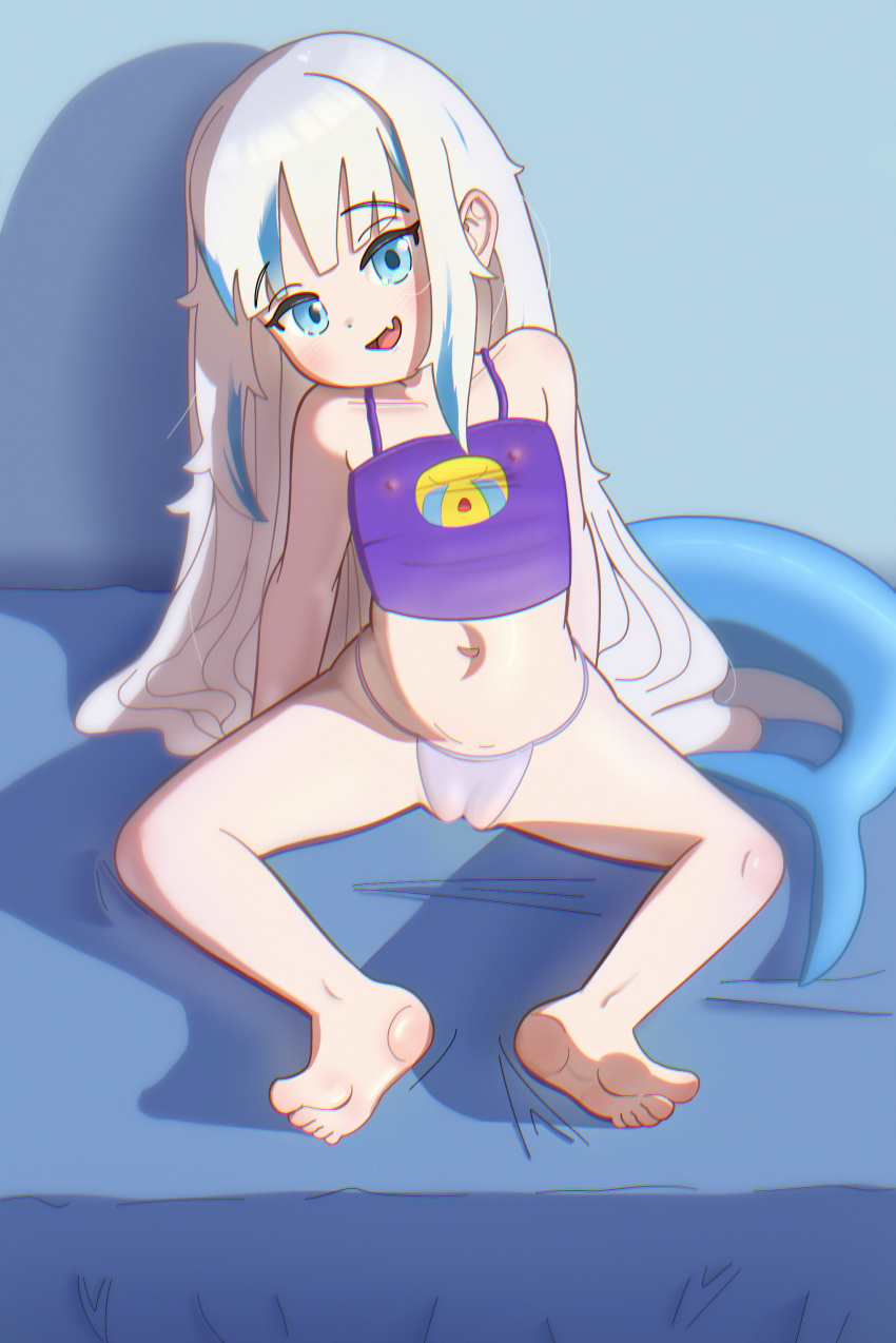 barefoot bed bikini blue_eyes emoji feet fins fish_tail gawr_gura hololive hololive_english larcoa_(diodeart) loli long_hair multicolored_hair navel nipples purple_bikini shark_tail smile soles stomach swimsuit tail thighs tongue virtual_youtuber
