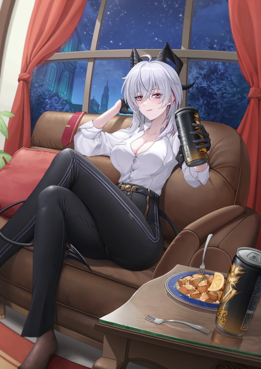 1girl absurdres ahoge black_gloves black_horns black_pants black_pantyhose black_tail blush breasts button_gap can cleavage closed_mouth collared_shirt commentary couch crossed_legs curled_horns demon_tail drink_can earrings food fork gloves grey_hair hair_between_eyes hand_up high-waist_pants highres holding holding_can horns jewelry key_earrings large_breasts long_hair multicolored_hair naeaemgung necktie night night_sky pants pantyhose red_necktie shirt shirt_tucked_in sitting sky smile solo streaked_hair tail tight_clothes tight_pants unworn_necktie white_shirt window wuthering_waves zani_(wuthering_waves)