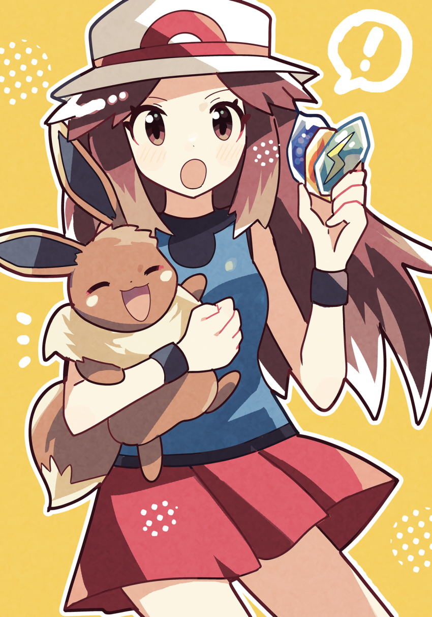 ! 1girl :o anidler91 blue_shirt brown_eyes brown_hair eevee evolution_stone evolutionary_stone fire_stone game_freak gen_1_pokemon hat highres holding holding_pokemon leaf_(pokemon) long_hair nintendo no_sclera open_mouth outline pokemon pokemon_(creature) pokemon_frlg porkpie_hat red_skirt shirt skirt spoken_exclamation_mark thunder_stone water_stone white_hat white_outline yellow_background