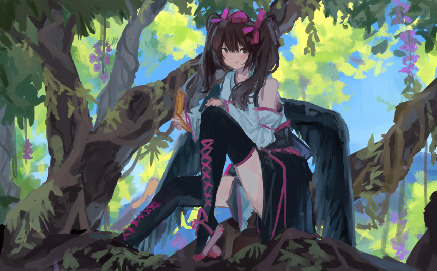 1girl absurdres black_skirt black_thighhighs black_wings bow brown_eyes brown_hair cellphone closed_mouth commentary_request commission detached_sleeves feathered_wings flip_phone full_body geta hair_bow hat highres himekaidou_hatate holding holding_phone kourindou_tengu_costume long_hair looking_at_viewer phone pixiv_commission purple_bow purple_hat red_sandals sandals shirt sitting_on_branch skirt smile solo tengu-geta thighhighs tokin_hat touhou tree twintails vanilla_flan white_shirt white_sleeves wings