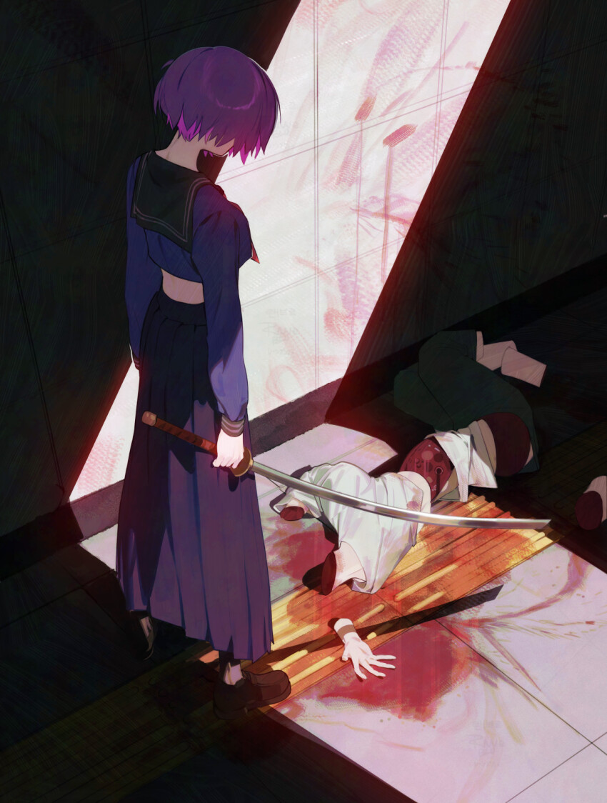 1girl arms_at_sides blood brown_shoes crop_top guro highres holding holding_sword holding_weapon katana loafers long_skirt long_sleeves looking_down mara_(raneblu) midriff original pink_hair purple_skirt raneblu sailor_collar school_uniform severed_hand severed_leg severed_limb severed_torso shoes short_hair skirt standing sword weapon