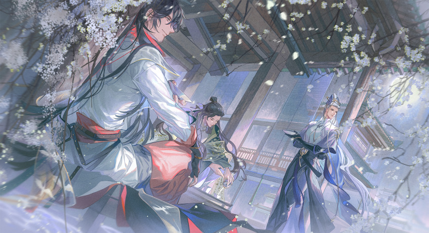 3boys architecture black_hair branch chinese_clothes closed_eyes closed_mouth cup day earrings east_asian_architecture facial_mark falling_petals flower hair_bun hanfu hat highres holding jewelry long_hair long_sleeves multiple_boys outdoors petals ponytail scroll sitting smile standing tree very_long_hair wang_chuan_feng_hua_lu white_hair wide_sleeves yinzinmiemie