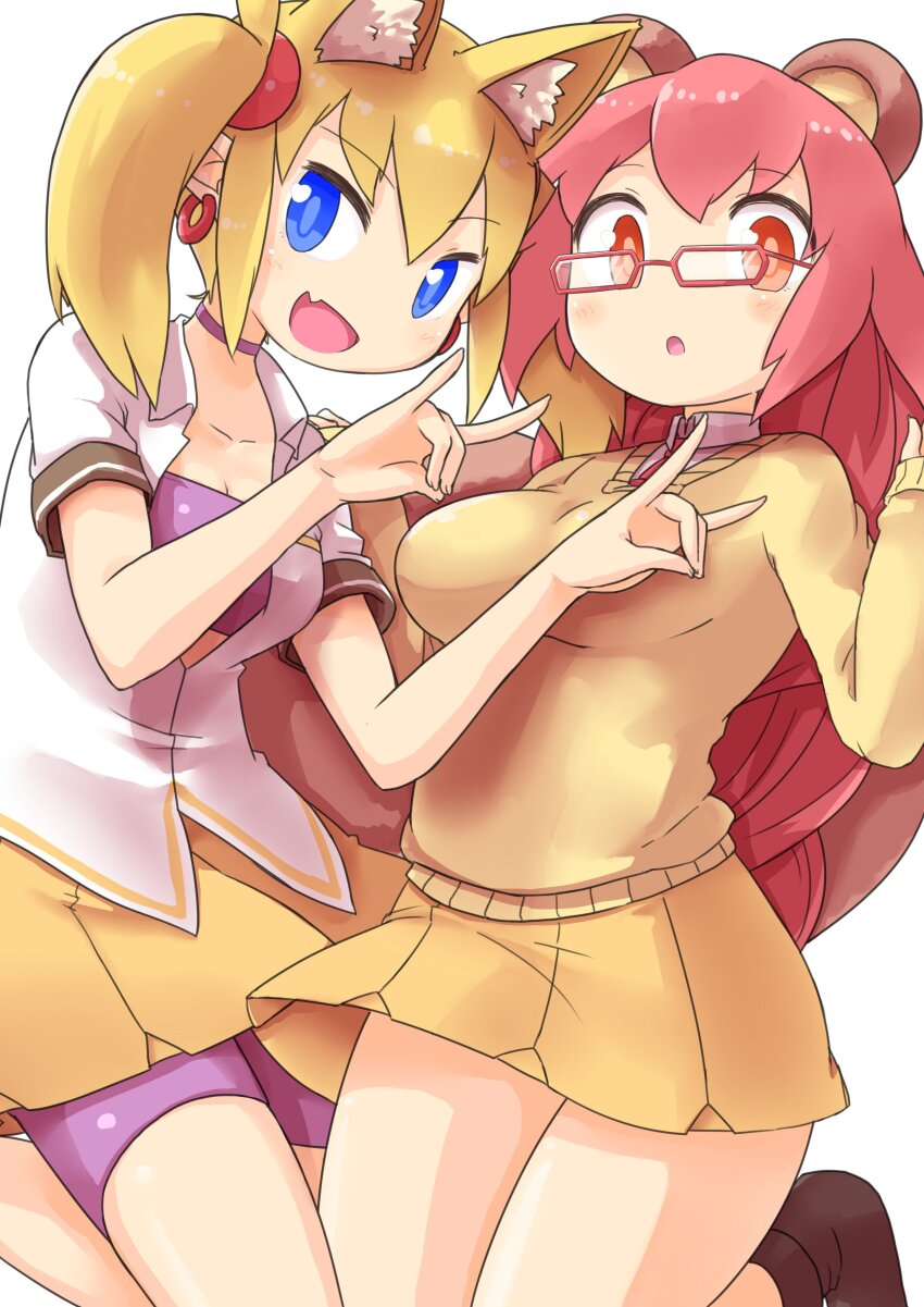 2girls absurdres animal_ears arcana_heart bike_shorts blonde_hair blue_eyes breasts cleavage double_w fang glasses highres large_breasts legs lilica_felchenerow long_hair looking_at_viewer multiple_girls open_mouth red_eyes red_hair school_uniform skirt smile strapless sweater thighs tube_top twintails w
