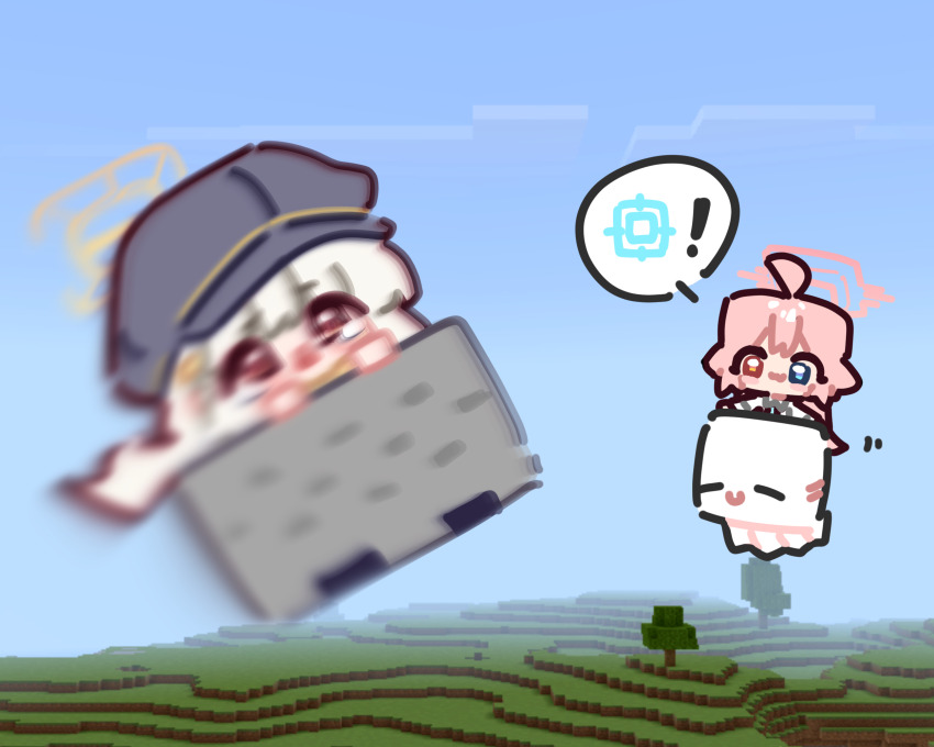 ! 2girls ahoge aoba_(blue_archive) blue_archive blue_sky chibi chibi_only commentary_request halo hat heterochromia highres hoshino_(blue_archive) ishikoro24 minecart minecraft motion_blur multiple_girls outdoors pink_hair sky spoken_exclamation_mark tearing_up white_hair