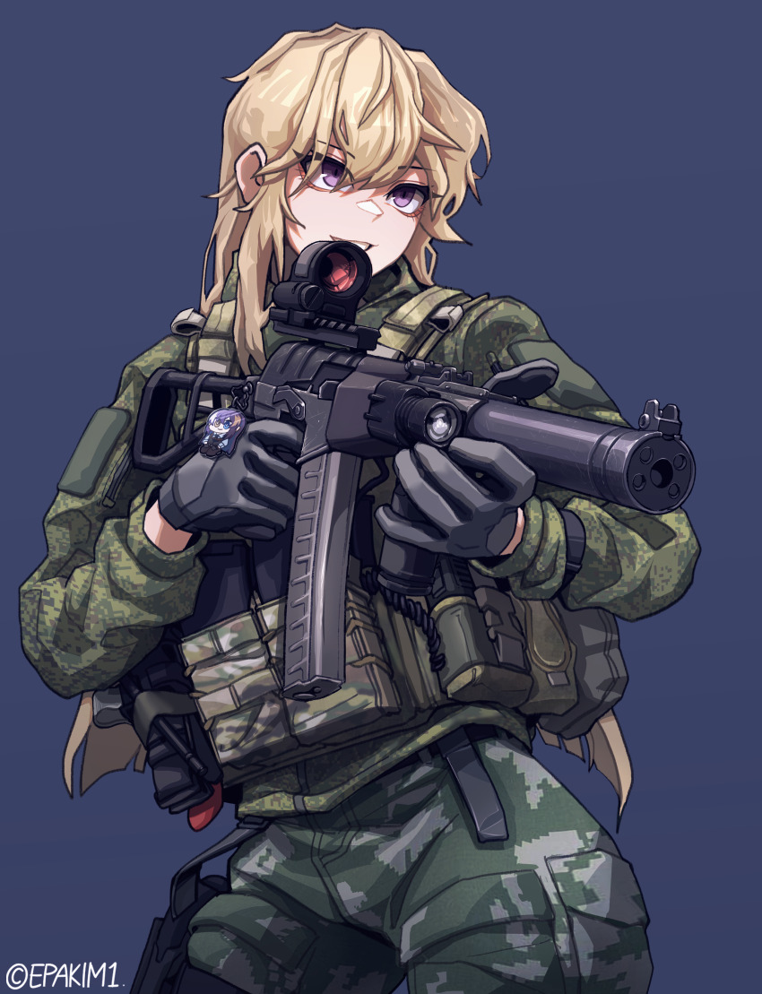 1girl absurdres ammunition_pouch as_val assault_rifle black_gloves blonde_hair blue_background blue_eyes brown_jacket bundeswehr camouflage camouflage_jacket camouflage_pants commentary english_commentary epakim flashlight foregrip gloves grey_pants gun hair_between_eyes highres holding holding_gun holding_weapon holster jacket kalashnikov_rifle long_hair long_sleeves magazine_(weapon) military_combat_uniform military_fatigues military_uniform original pants parted_lips pouch rifle simple_background smile solo thigh_holster twitter_username weapon