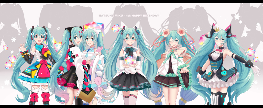 absurdres aqua_eyes aqua_hair bare_shoulders black_thighhighs cupping_hands detached_sleeves hatsune_miku highres incredibly_absurdres long_hair magical_mirai_miku magical_mirai_miku_(2017) magical_mirai_miku_(2018) magical_mirai_miku_(2019) magical_mirai_miku_(2020_summer) magical_mirai_miku_(2020_winter) magical_mirai_miku_(2021) miniskirt multiple_girls necktie own_hands_together q_t_(pixiv) skirt smile striped_clothes striped_thighhighs thighhighs twintails vertical-striped_clothes vertical-striped_thighhighs very_long_hair vocaloid zettai_ryouiki