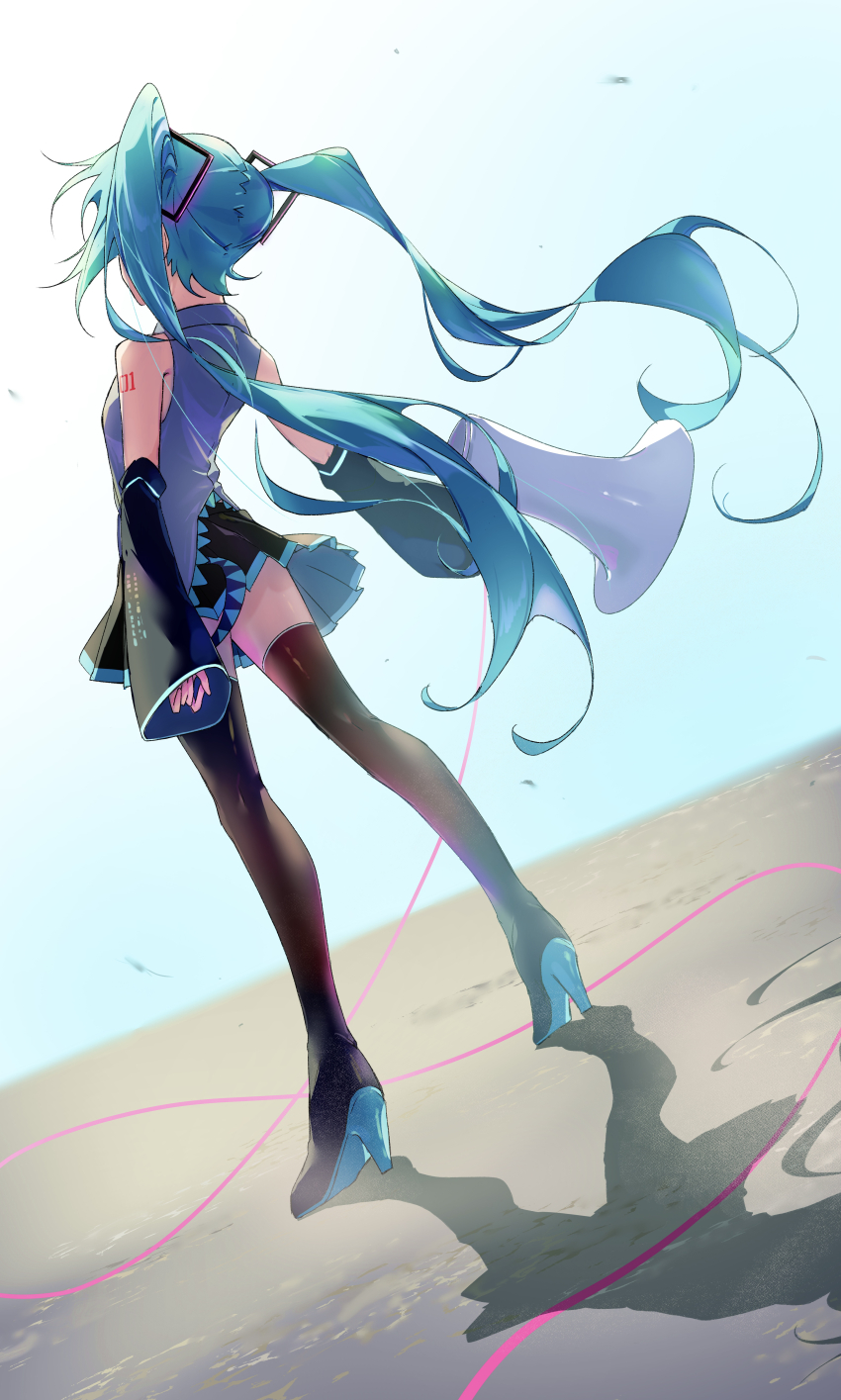 1girl absurdres aqua_hair bare_shoulders black_boots black_skirt boots dutch_angle from_behind grey_shirt hatsune_miku high_heel_boots high_heels highres koi_wa_sensou_(vocaloid) long_hair number_tattoo pleated_skirt ponshu_(ponshuislife) shadow shirt shoulder_tattoo skirt sleeveless sleeveless_shirt solo speaker standing tattoo thigh_boots twintails vocaloid