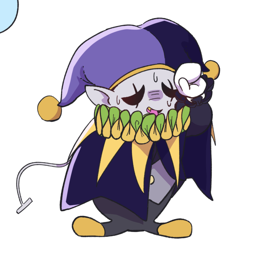 1boy black_footwear black_pants buttons cape chibi clown clown_boy colored_skin deltarune full_body hat highres jester jester_boy jester_cap jevil male_focus pants pointy_ears purple_skin solo standing sweat tail yoshino_(q_sci)