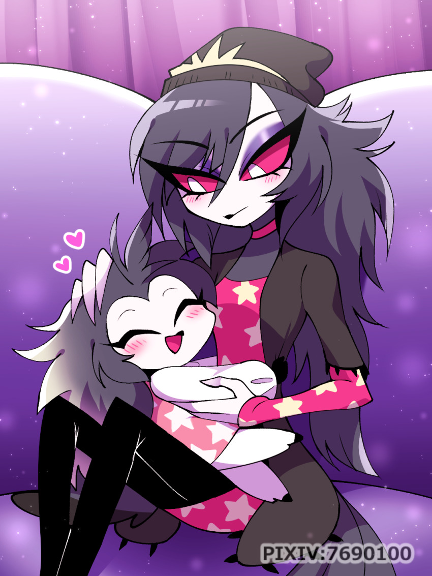 1girl aged_down bird_girl choker demon_girl dual_persona hat helluva_boss highres jacket no_humans octavia_(helluva_boss) pink_eyes purple_hair