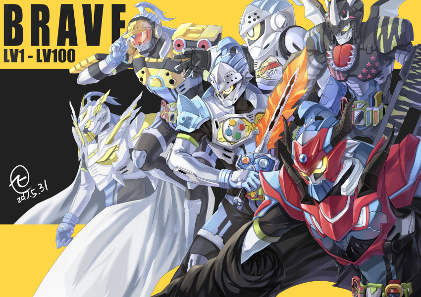 6+boys absurdres armor artist_request cape character_name commentary dated doremifa_beat_level_2 drago_knight_hunter_z_level_5 dual_rider_gashat helmet highres kamen_rider kamen_rider_brave kamen_rider_ex-aid_(series) male_focus multiple_boys rider_belt rider_gashat signature sword taddle_fantasy_level_50 taddle_legacy_level_100 taddle_quest_level_1 taddle_quest_level_2 weapon yellow_eyes