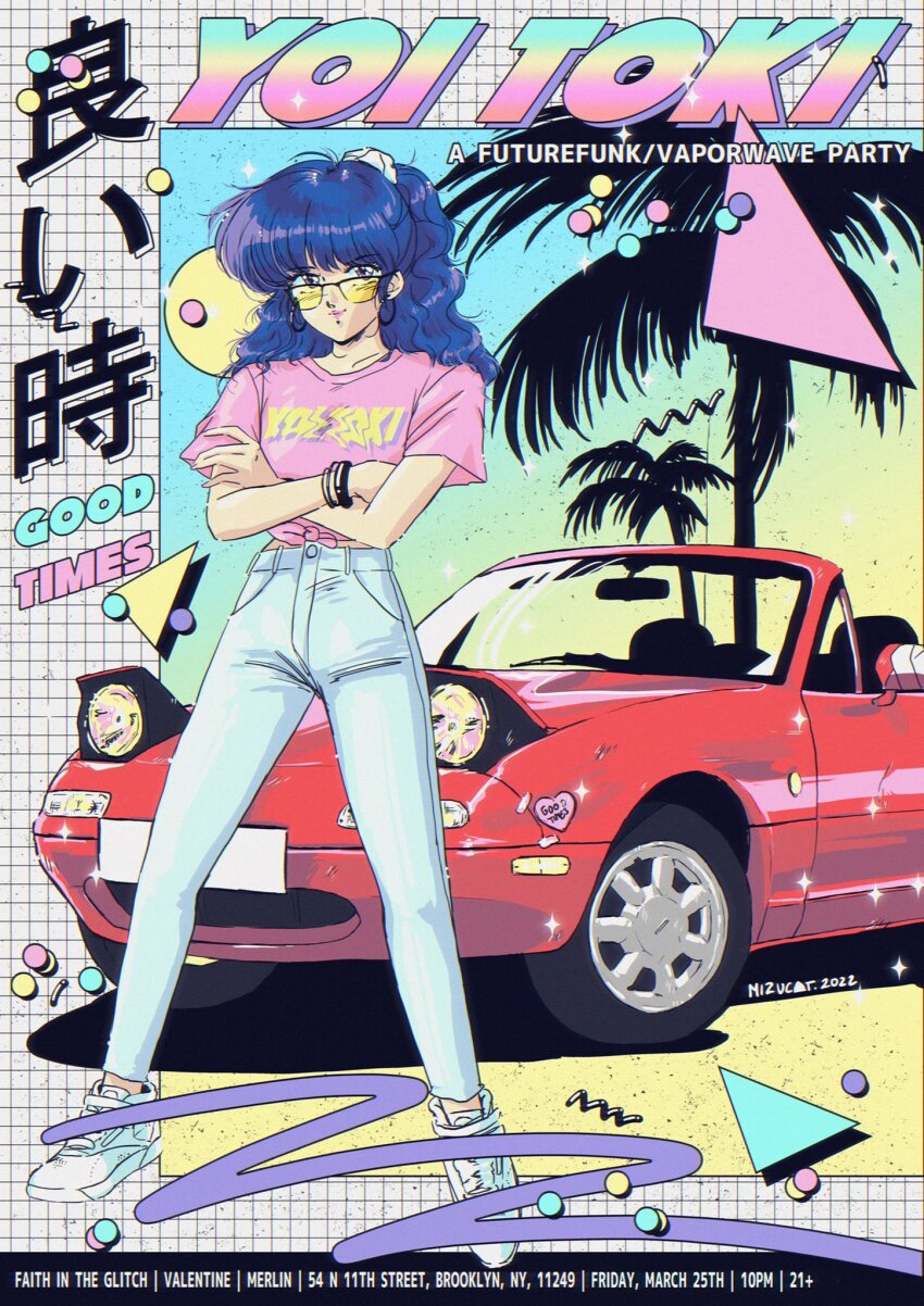 1980s_(style) blue_hair blue_pants bracelet car commentary crossed_arms denim earrings english_commentary english_text eunos_roadster hair_ornament hair_scrunchie highres hoop_earrings jeans jewelry looking_at_viewer mazda mazda_mx-5 mazda_mx-5_na mizucat motor_vehicle oldschool original pants ponytail poster_(medium) retro_artstyle scrunchie shoes smile sneakers sports_car vaporwave wavy_hair white_footwear