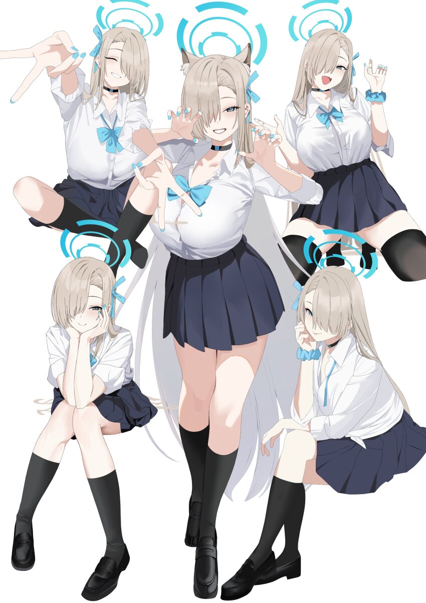 1girl absurdres asuna_(blue_archive) asuna_(school_uniform)_(blue_archive) black_choker blue_archive blue_bow blue_bowtie blue_halo blue_nails blue_scrunchie bow bowtie button_gap choker hair_over_one_eye halo highres school_uniform scrunchie solo tnr_(horiko1525) wrist_scrunchie