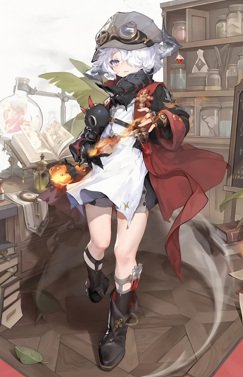 1boy absurdres bomb duet_night_abyss explosive full_body grey_eyes hat highres male_focus medium_hair oliver_(duet_night_abyss) serious shirt shorts white_hair white_shirt