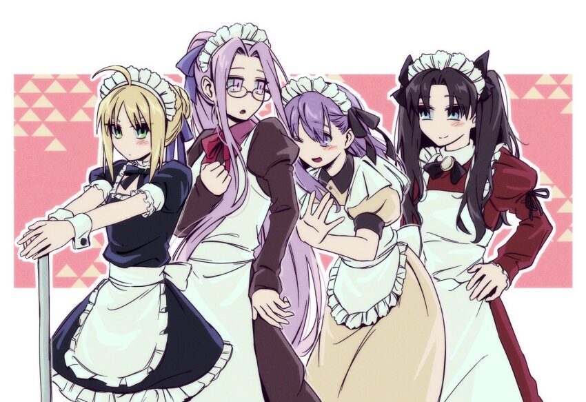 4girls ahoge apron artoria_pendragon_(fate) black_hair blonde_hair blue_eyes commentary_request dress fate/hollow_ataraxia fate/stay_night fate_(series) glasses green_eyes hair_bun hair_ribbon highres hwanm_fate juliet_sleeves korean_commentary long_dress long_hair long_sleeves maid maid_apron maid_headdress matou_sakura medusa_(fate) medusa_(rider)_(fate) multiple_girls one_eye_closed ponytail puffy_short_sleeves puffy_sleeves purple_eyes purple_hair ribbon saber_(fate) short_dress short_sleeves single_hair_bun sleeves_past_wrists tohsaka_rin two_side_up very_long_hair waist_apron white_apron wrist_cuffs