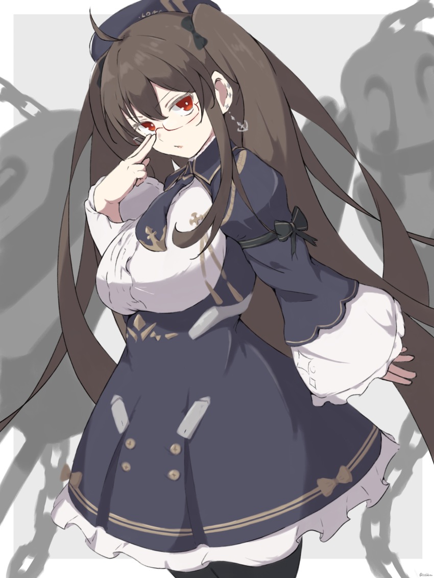 1006kbps 1girl absurdres adjusting_eyewear ahoge anchor_earrings artillery azur_lane beret black_dress black_hat black_legwear black_necktie black_ribbon breasts brown_hair center_frills chain cowboy_shot dress dutch_angle earrings finger_to_eyewear framed_breasts frilled_shirt frills grey_background hat highres jewelry large_breasts london_(azur_lane) london_(retrofit)_(azur_lane) long_hair long_sleeves necktie red_eyes retrofit_(azur_lane) ribbon rigging semi-rimless_eyewear ship_turret shirt short_necktie sideways_glance simple_background solo standing two-tone_background very_long_hair white_background white_shirt