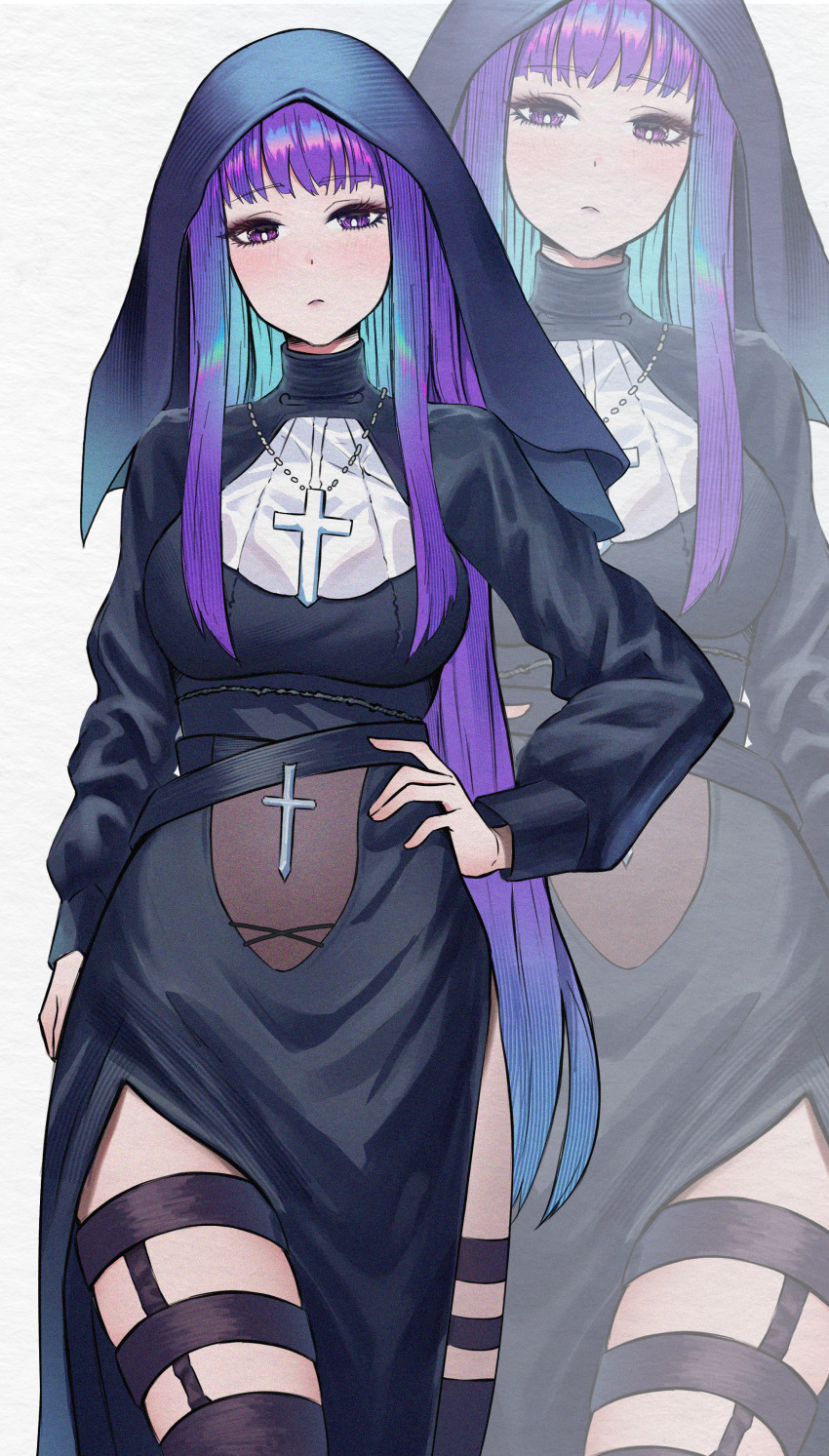 1girl absurdres black_dress blue_hair closed_mouth commentary cross cross_necklace dress english_commentary fern_(sousou_no_frieren) gradient_hair hand_on_own_hip highres jewelry long_hair long_sleeves looking_at_viewer multicolored_hair necklace nun purple_eyes purple_hair sengnam1997 solo sousou_no_frieren zoom_layer