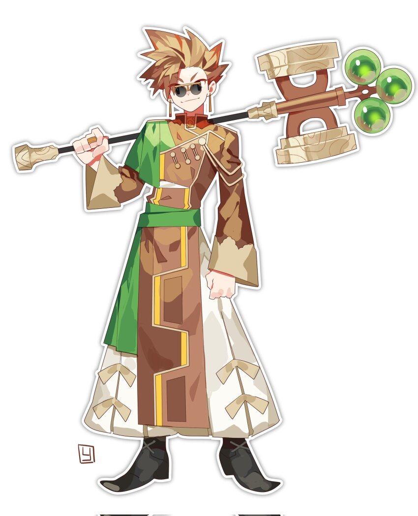1boy black_shoes brown_eyes brown_hair brown_shirt earrings full_body gen_2_pokemon hammer highres holding holding_hammer jewelry long_sleeves looking_at_viewer male_focus nintendo pants personification pokemon pokemon_(creature) round_eyewear shirt shoes simple_background solo spiked_hair standing sudowoodo sunglasses white_background white_pants yasubaru