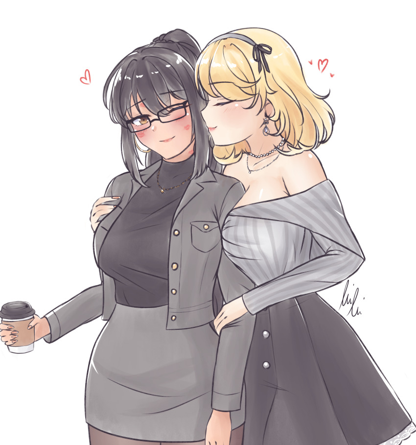 2girls absurdres azur_lane black_hair black_hairband black_jacket black_shirt black_skirt blonde_hair brown_eyes closed_eyes closed_mouth commander_(azur_lane) commentary cup disposable_coffee_cup disposable_cup earrings english_commentary female_commander_(azur_lane) glasses grey_shirt hairband hand_on_another&#039;s_arm highres holding holding_cup jacket jewelry lipstick_mark lipstick_mark_on_face long_hair medium_hair multiple_girls necklace off-shoulder_shirt off_shoulder one_eye_closed pencil_skirt ponytail prince_of_wales_(azur_lane) pumpkinpaii shirt simple_background skirt smile white_background yukimura_ryuuko_(ryuuko) yuri