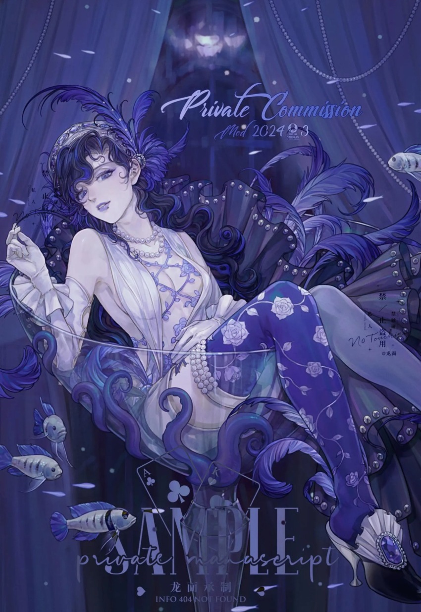 1girl black_hair blue_eyes breasts commentary_request feathers hair_ornament highres jewelry long_hair longmianbushilongxumian looking_at_viewer makeup necklace original solo thighhighs