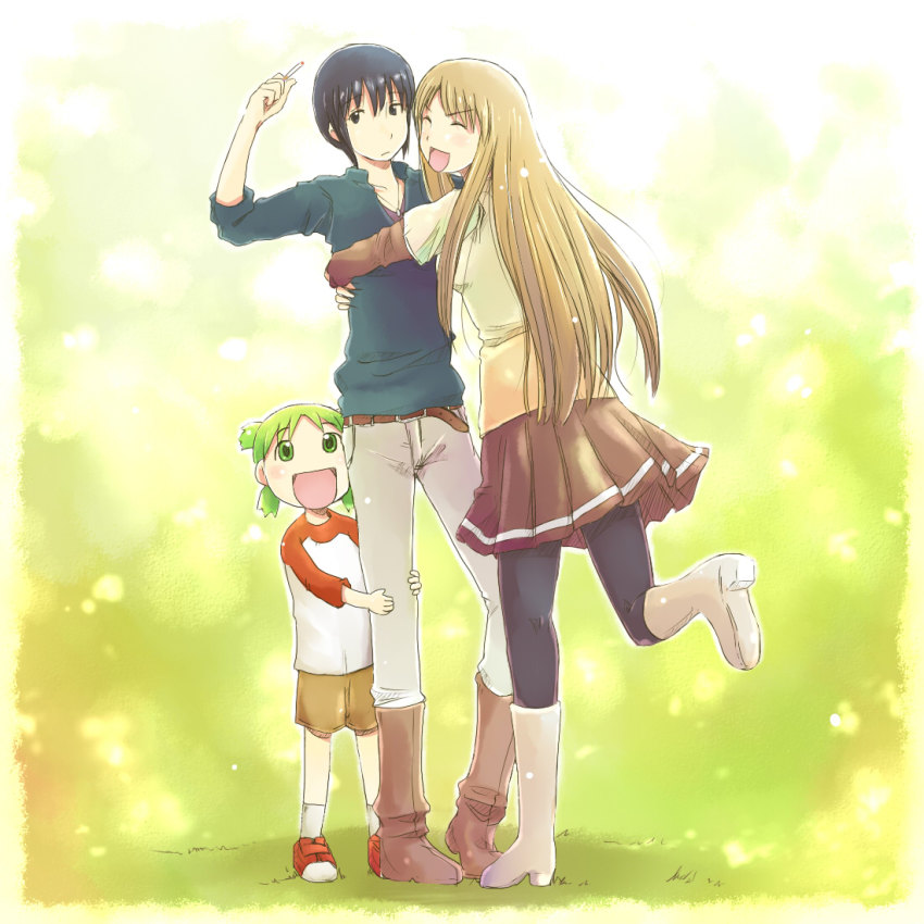 3girls 4040_(abonriya) androgynous ayase_asagi black_hair brown_hair child cigarette green_hair happy hug koiwai_yotsuba multiple_girls pantyhose quad_tails reverse_trap smile torako_(yotsubato!) yotsubato!