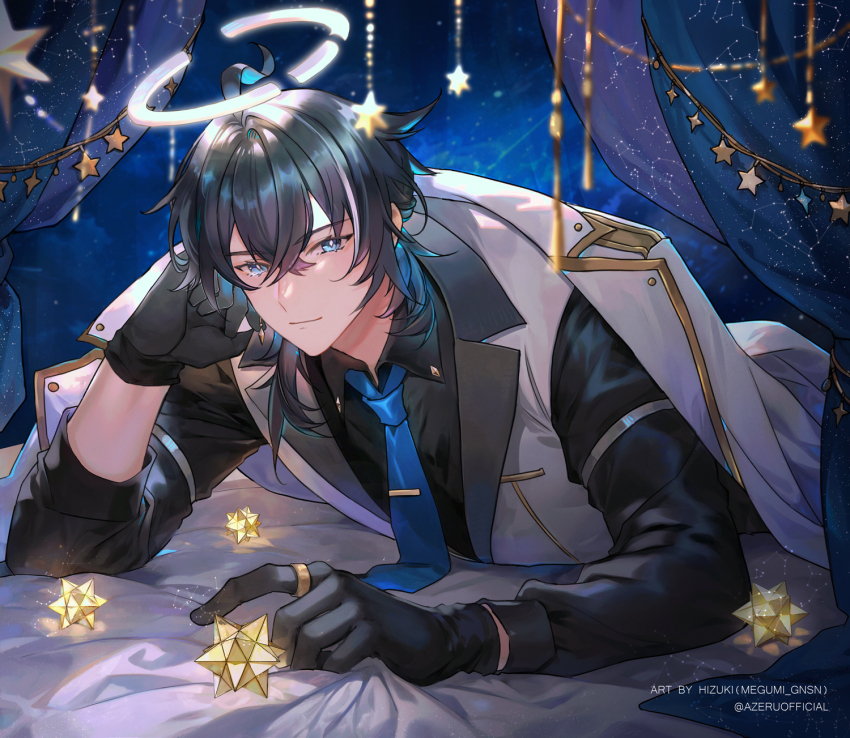 1boy ahoge azeru_(vtuber) big_dipper black_gloves black_hair black_shirt blue_eyes blue_hair blue_necktie blurry bright_pupils broken_halo cassiopeia_(constellation) cepheus_(constellation) closed_mouth coat coat_on_shoulders collared_shirt colored_inner_hair constellation constellation_print crossed_bangs curtains cygnus_(constellation) depth_of_field diamond-shaped_pupils diamond_(shape) draco_(constellation) earclip gloves hair_between_eyes halo hercules_(constellation) highres hizuki24 indie_virtual_youtuber jewelry lacerta_(constellation) lapels long_sleeves looking_at_viewer lying lynx_(constellation) male_focus medium_hair mobile multicolored_hair necktie notched_lapels official_art on_bed on_stomach orion_(constellation) ring shirt sleeve_garter small_stellated_dodecahedron solo star_(symbol) streaked_hair symbol-shaped_pupils tie_clip upper_body ursa_major_(constellation) vest virtual_youtuber white_coat white_hair white_halo white_pupils white_vest