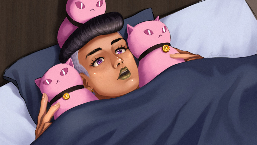 1boy 3others black_collar blonde_hair collar earrings green_lips grey_hair highres jewelry jojo_no_kimyou_na_bouken jojolion killer_queen kujo_josefumi lauriart-exe lying multicolored_hair multiple_others parody pillow purple_eyes two-tone_hair