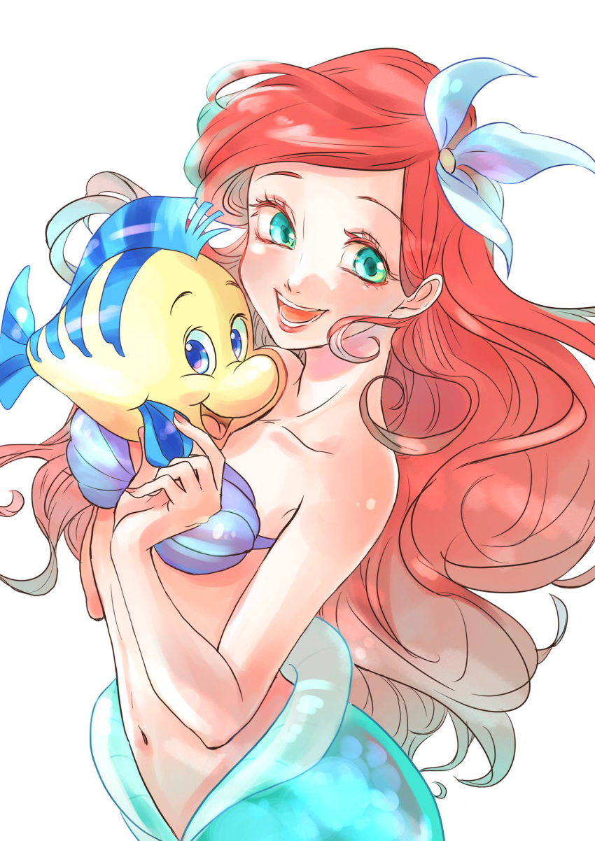1girl ariel_(disney) bikini fish flounder_(the_little_mermaid) flower green_eyes green_tail hair_flower hair_ornament happy highres long_hair looking_at_viewer mermaid misoko monster_girl navel open_mouth red_hair shell shell_bikini simple_background teeth the_little_mermaid_(disney) tongue white_background