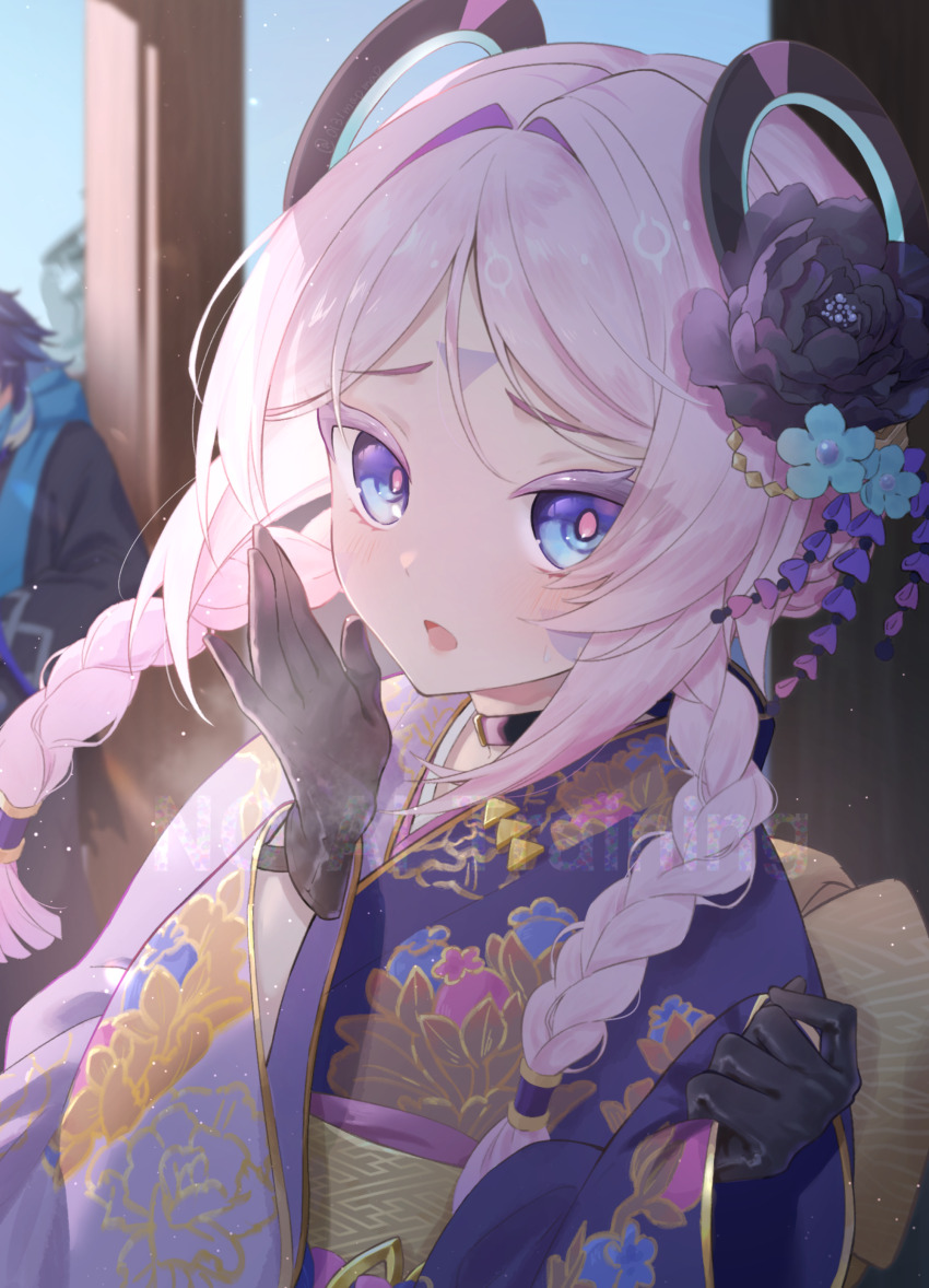 1boy 1girl absurdres alternate_costume black_gloves blue_eyes braid citlali_(genshin_impact) commentary_request cropped facial_mark floral_print flower genshin_impact gloves grandmother_and_grandson hair_flower hair_ornament highres japanese_clothes kimono long_hair mapmap multicolored_kimono obi open_mouth ororon_(genshin_impact) outdoors pink_hair pink_pupils sash solo_focus standing triangle triangle_facial_mark twin_braids watermark