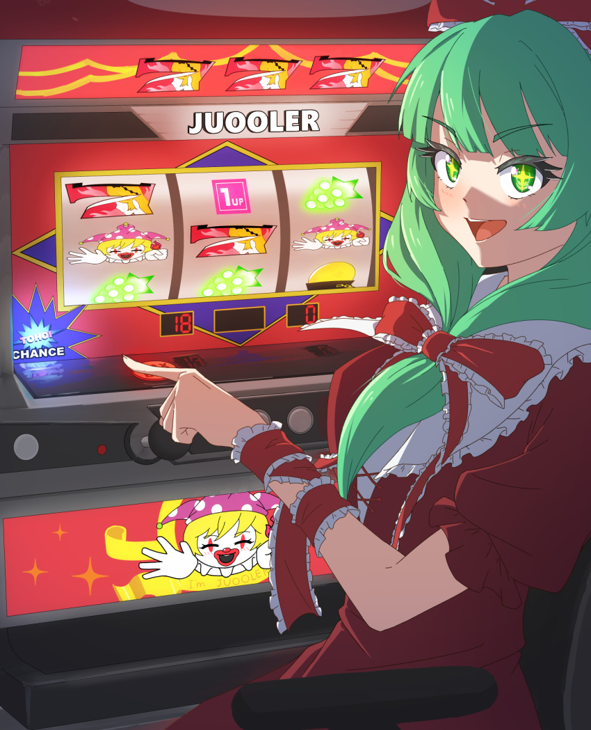 1girl 1up arm_ribbon clownpiece dress frilled_ribbon frills front_ponytail gambling green_eyes green_hair hair_ribbon highres junko_(touhou) kagiyama_hina long_hair looking_at_another on_chair open_mouth pointing puffy_short_sleeves puffy_sleeves red_dress red_ribbon ribbon short_sleeves sitting slot_machine smile solo tamahuku_0911 touhou upper_body