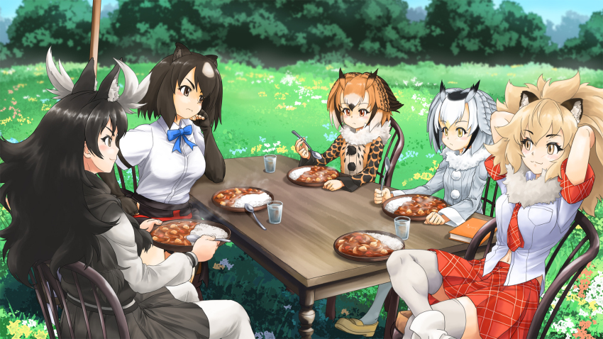 5girls :3 animal_ears antlers arms_behind_back bear_ears bear_girl big_hair bird_girl bird_wings blonde_hair blue_necktie blush brown_bear_(kemono_friends) brown_coat brown_eyes brown_gloves brown_scarf brown_skirt brown_sweater chair coat collarbone curry eating elbow_gloves eurasian_eagle_owl_(kemono_friends) extra_ears fingerless_gloves food gloves gradient_sweater grey_coat grey_hair grey_sweater hair_between_eyes head_wings highres horns kemono_friends kemono_friends_2 kemono_friends_r light_brown_hair lion_(kemono_friends) lion_ears loafers long_hair long_sleeves midriff_peek moose_(kemono_friends) moose_antlers moose_ears moose_girl multicolored_hair multiple_girls naka_(nicovideo14185763) navel necktie northern_white-faced_owl_(kemono_friends) owl_ears owl_girl pantyhose plaid_clothes plaid_necktie plaid_skirt plaid_trim pleated_skirt red_necktie red_skirt red_trim scarf shirt shoes short_hair short_sleeves sidelocks sitting skirt smile spoon sweater t-shirt table thighhighs two-tone_hair white_hair white_pantyhose white_shirt white_thighhighs wings yellow_eyes yellow_shoes zettai_ryouiki
