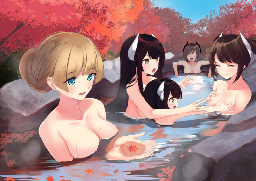 5girls autumn_leaves azur_lane blonde_hair blue_eyes breasts brown_hair closed_eyes convenient_censoring grabbing_another&#039;s_breast groping haruna_(azur_lane) hiei-chan_(azur_lane) hiei_(azur_lane) horns kirishima_(azur_lane) kongou_(azur_lane) leaf long_hair multiple_girls nude oni_horns onsen rock schreibe_shura short_hair water yellow_eyes