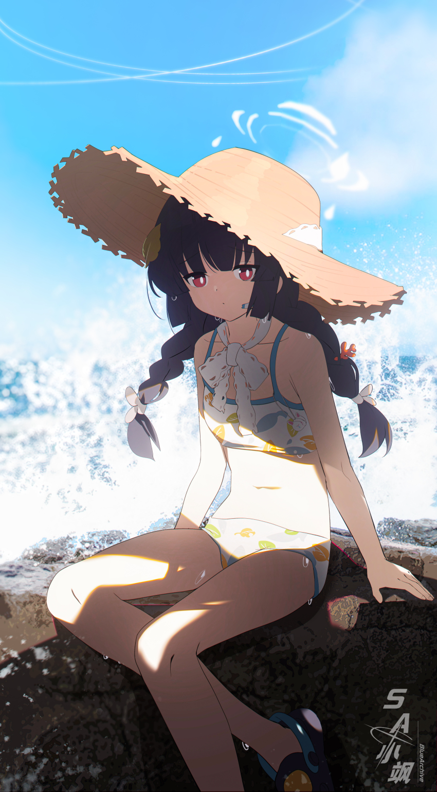 1girl absurdres bare_arms bare_shoulders bikini black_hair blue_archive bow braid closed_mouth crocs hair_ribbon hat hayate_(1034853996) highres leaf_print long_hair looking_at_viewer miyu_(blue_archive) miyu_(swimsuit)_(blue_archive) navel official_alternate_costume official_alternate_hairstyle red_eyes ribbon solo stomach straw_hat swimsuit twin_braids white_bikini white_bow white_ribbon
