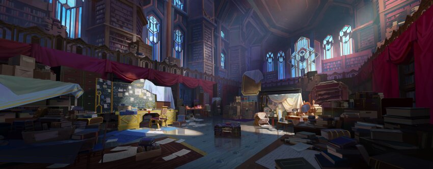 absurdres arcane:_league_of_legends architecture armory banner blender_(medium) book book_stack bookshelf box cabinet cardboard_box ceiling chair chalkboard clutter curtains day desk drawer fantasy gun_rack highres indoors kevin_gnutzmans league_of_legends library light_rays mirror no_humans official_art paper paper_stack photoshop_(medium) railing red_curtains reflective_floor rug scenery scroll stained_glass sticky_note suitcase sunlight table too_many window