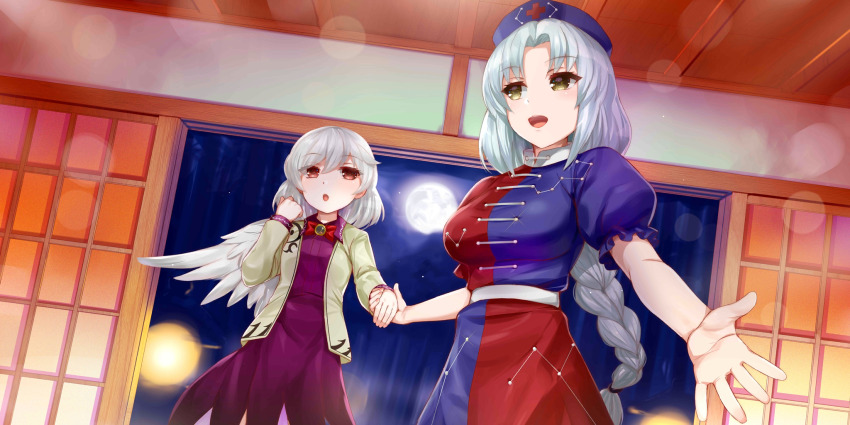 2girls angel_wings arm_up artist_name asymmetrical_clothes bird_wings blush bow bowtie braid braided_ponytail breasts brown_jacket commentary constellation_print cross dress english_commentary eyelashes feathered_wings full_moon game_cg grey_hair hat highres holding_hands jacket kishin_sagume kusaka_souji large_breasts long_hair long_sleeves looking_at_another moon multiple_girls night nurse_cap official_art open_clothes open_jacket open_mouth puffy_short_sleeves puffy_sleeves purple_dress purple_hat red_bow red_bowtie red_cross red_dress red_eyes short_hair short_sleeves shouji single_braid single_wing sliding_doors smile standing third-party_source touhou touhou_lostword two-tone_dress upper_body ursa_minor_(constellation) very_long_hair white_wings wings yagokoro_eirin yellow_eyes