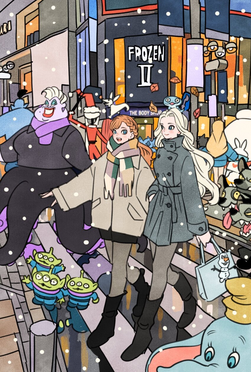 aladdin_(movie) alice_(alice_in_wonderland) alice_in_wonderland alien_(toy_story) animal_ears anna_(frozen) bag banzai_(the_lion_king) baymax big_hero_6 black_footwear blonde_hair blue_eyes blue_eyeshadow boots braid bruni_(frozen) character_request colored_skin commentary copyright_name crosswalk disney dumbo dumbo_(character) ed_(the_lion_king) elephant elsa_(frozen) eyeshadow feathers frozen_(disney) full_body genie_(aladdin) green_skin hat high_collar highres hiro_hamada holding holding_bag hyena jack_skellington lilo_&amp;_stitch long_hair makeup mole monster_girl olaf_(frozen) orange_hair outdoors purple_scarf purple_skin rabbit_ears red_lips santa_costume santa_hat scarf scylla sharp_teeth shenzi_(lion_king) siblings sisters smile snowing stitch_(lilo_&amp;_stitch) swept_bangs takeuchi_ryousuke teeth the_lion_king the_little_mermaid_(disney) the_nightmare_before_christmas third_eye tongue tongue_out toy_story ursula_(disney) white_rabbit_(alice_in_wonderland)
