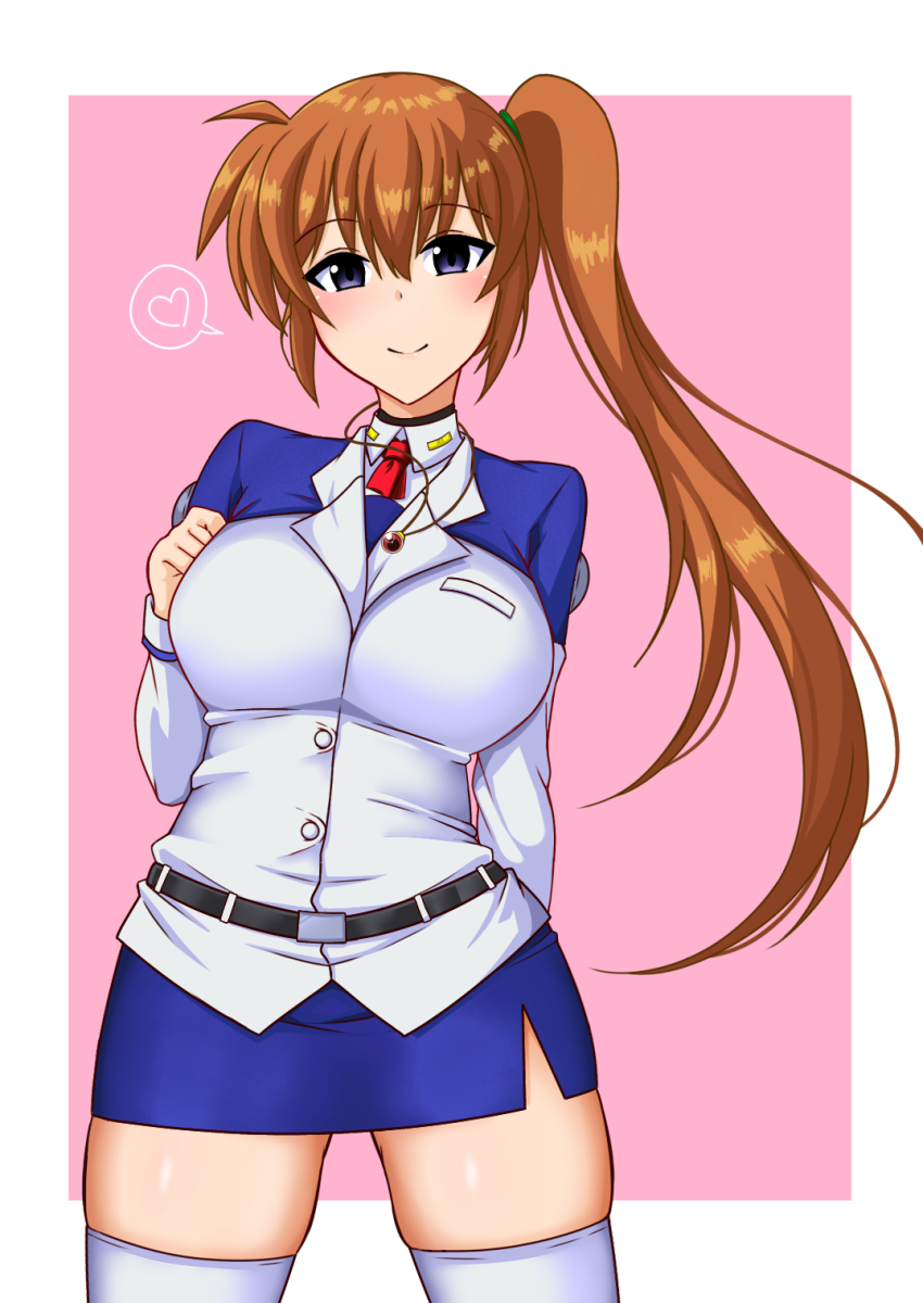 1girl arm_behind_back belt blue_skirt blush border breast_pocket breasts brown_hair closed_mouth collared_shirt commentary_request cowboy_shot hair_between_eyes hair_tie hand_on_own_chest heart highres jacket kunisaki-air large_breasts long_hair long_sleeves looking_at_viewer lyrical_nanoha mahou_shoujo_lyrical_nanoha mahou_shoujo_lyrical_nanoha_strikers military_uniform miniskirt outside_border pencil_skirt pink_background pocket purple_eyes raising_heart raising_heart_(standby_mode) shirt side_ponytail simple_background skindentation skirt smile solo spoken_heart standing takamachi_nanoha thighhighs thighs white_border white_shirt white_thighhighs zettai_ryouiki