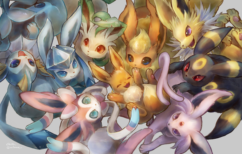 blue_eyes bow brown_eyes closed_eyes closed_mouth colored_sclera eevee espeon fins flareon forehead_jewel gen_1_pokemon gen_2_pokemon gen_4_pokemon gen_6_pokemon glaceon happy head_fins jolteon leafeon momomo12 nintendo no_humans pokemon pokemon_(creature) red_eyes red_sclera ribbon sidelocks smile sylveon umbreon vaporeon