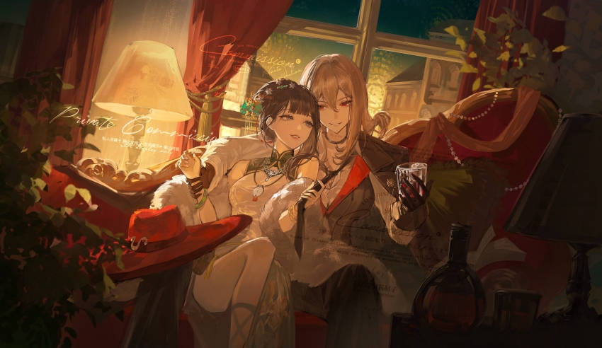 2girls absurdres arm_on_another&#039;s_shoulder bare_shoulders black_coat black_gloves black_hair black_pants black_vest blonde_hair blue_eyes china_dress chinese_clothes coat coat_on_shoulders commission commissioner_insert couch cup curtains desk_lamp dress dutch_angle feather_boa feet_out_of_frame gloves grin hat highres holding holding_cup indoors lamp looking_at_another medium_hair multiple_girls oc_x_canon on_couch original pants red_eyes red_hat reverse:1999 shirt side-by-side sitting sleeveless sleeveless_dress smile tennant_(reverse:1999) unworn_hat unworn_headwear vest watermark white_dress white_shirt yuri zzzzzm_jiangzhouzi