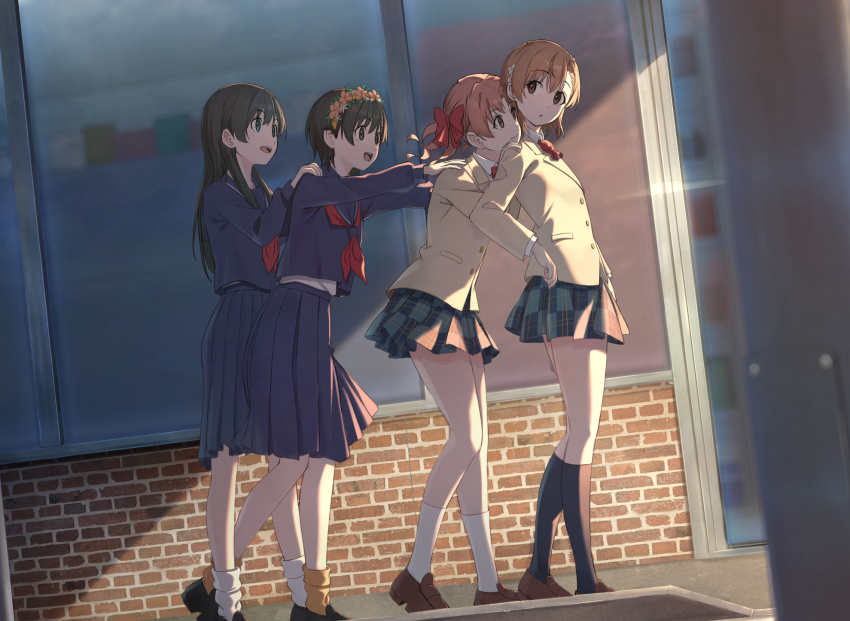 4girls black_hair blazer blue_serafuku blue_shirt blue_skirt blurry bow bowtie brown_hair brown_jacket checkered_clothes checkered_skirt depth_of_field dutch_angle full_body head_wreath highres jacket long_hair misaka_mikoto multiple_girls neckerchief pension_z plaid_clothes plaid_skirt pushing red_bow red_bowtie red_neckerchief sailor_collar sailor_shirt sakugawa_school_uniform saten_ruiko school_uniform serafuku shirai_kuroko shirt short_hair skirt toaru_kagaku_no_railgun toaru_majutsu_no_index tokiwadai_school_uniform twintails uiharu_kazari winter_uniform