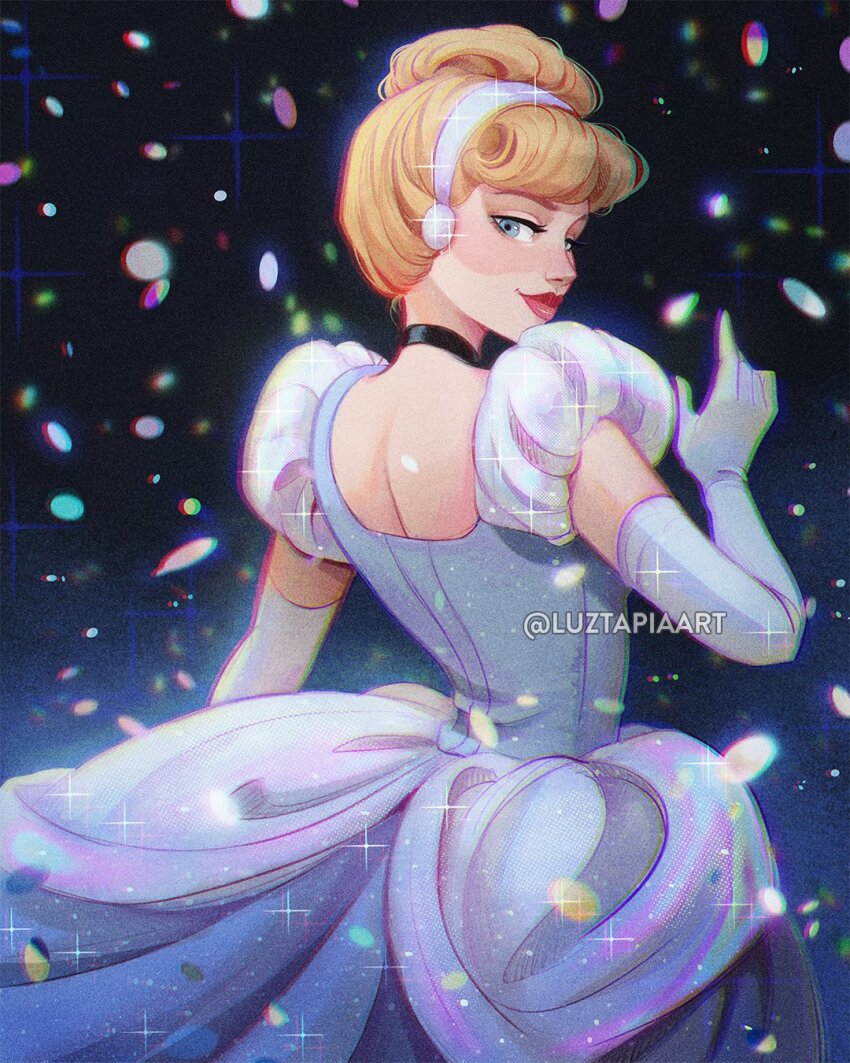 1girl artist_name black_choker blonde_hair blue_dress blue_eyes blue_gloves choker cinderella_(disney_character) cinderella_(disney_movie) dress elbow_gloves gloves highres looking_at_viewer looking_back luztapiaart puffy_short_sleeves puffy_sleeves short_sleeves solo updo upper_body watermark