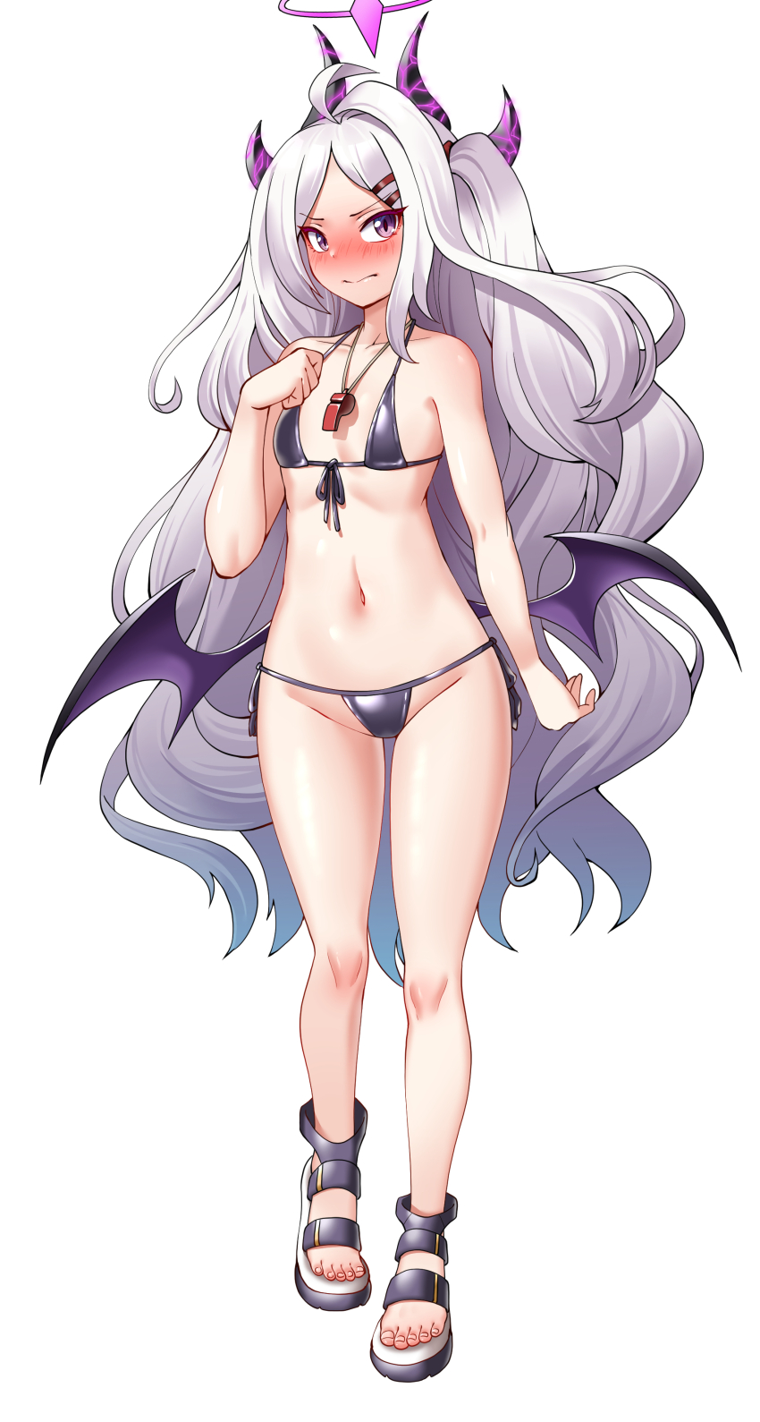 1girl absurdres bare_arms bare_shoulders bikini black_bikini blue_archive blue_sky blush closed_mouth cloud collarbone day demon_girl demon_horns demon_wings full_body hair_ornament halo highres hina_(blue_archive) hitch_(perotoss) horizon horns long_hair looking_at_viewer low_wings micro_bikini navel nose_blush purple_eyes sand simple_background sky solo standing stomach swimsuit very_long_hair white_background white_hair wings